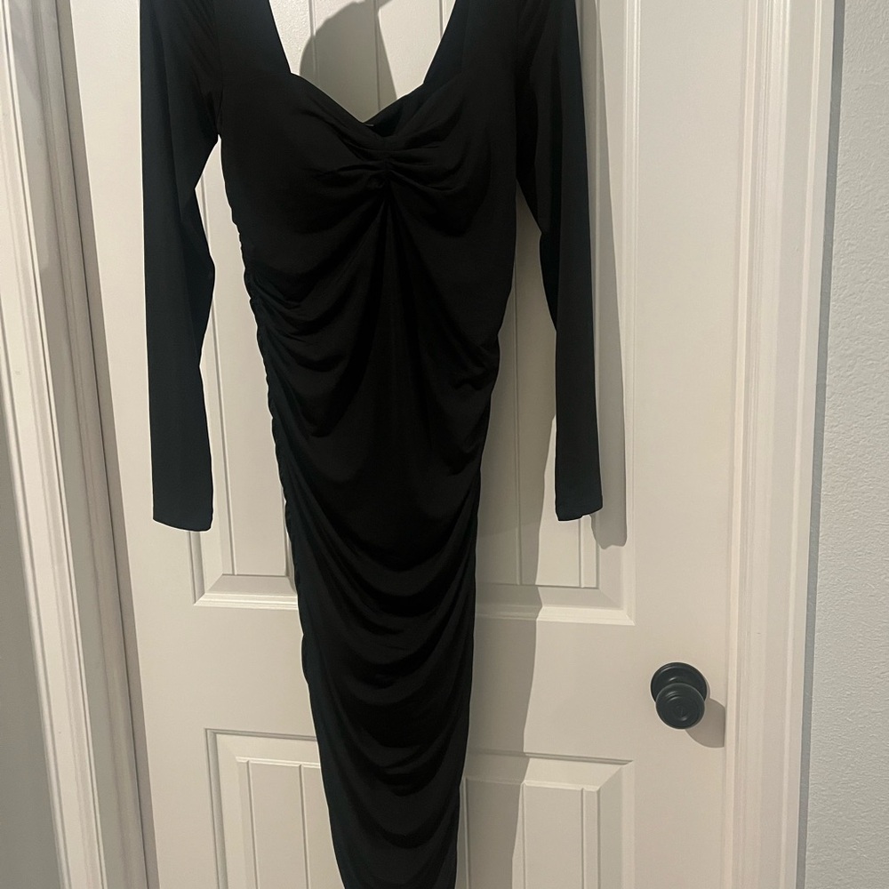 Classic Black Long Sleeve Ruched Dress
